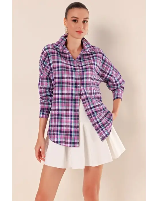 Mor Beyaz Kareli Desenli Oversize Uzun Basic Gömlek 3900