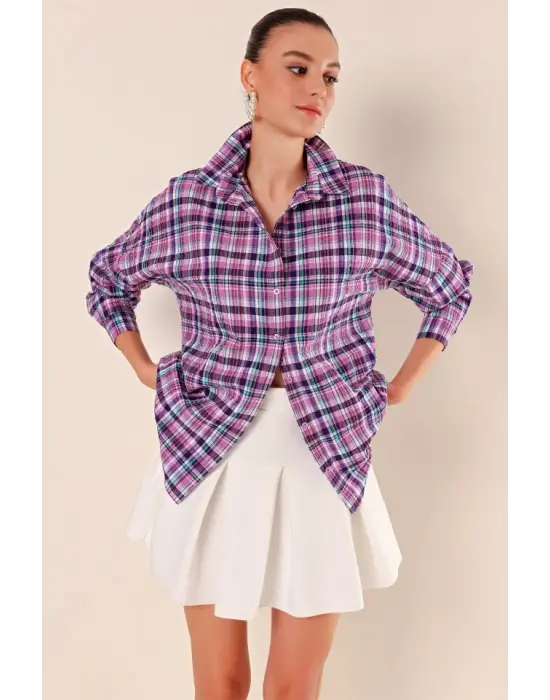 Mor Beyaz Kareli Desenli Oversize Uzun Basic Gömlek 3900