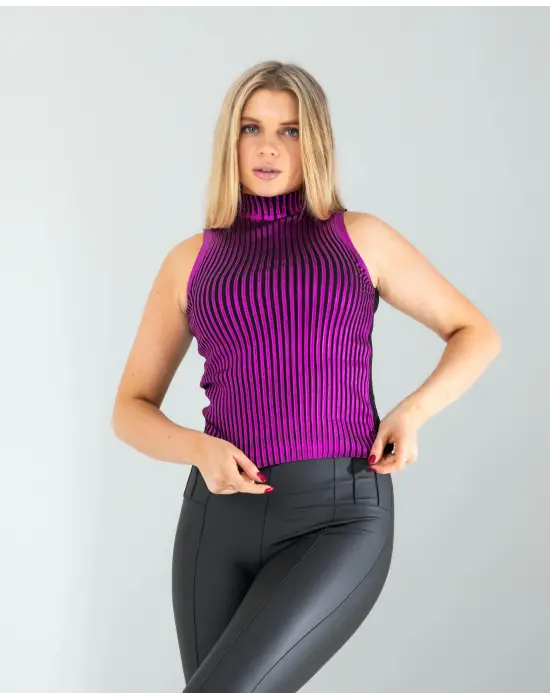 Omarı Parlak Yaka Detaylı Mor Triko