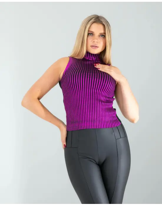 Omarı Parlak Yaka Detaylı Mor Triko