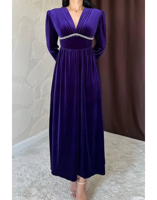 Omarı Taşlı Elbise - Göğüs Altı Detaylı Mor Elbise