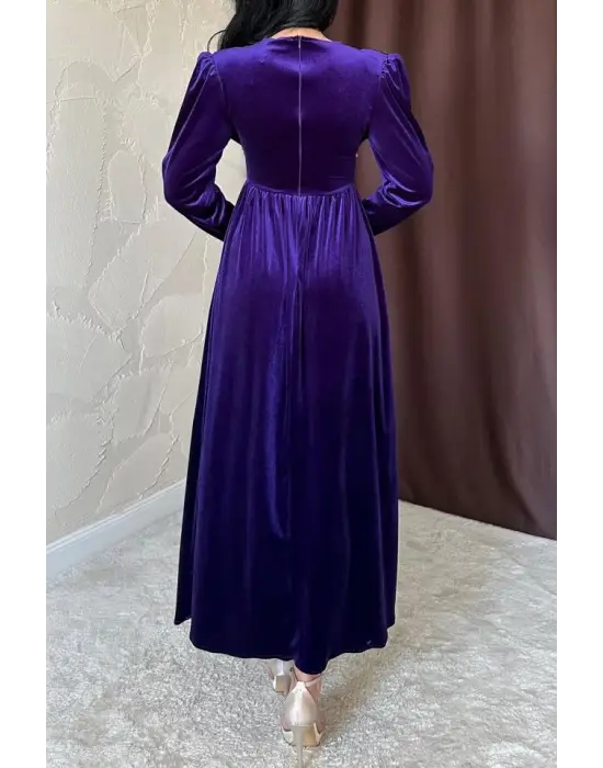 Mor Göğüs Altı Taşlı Elbise