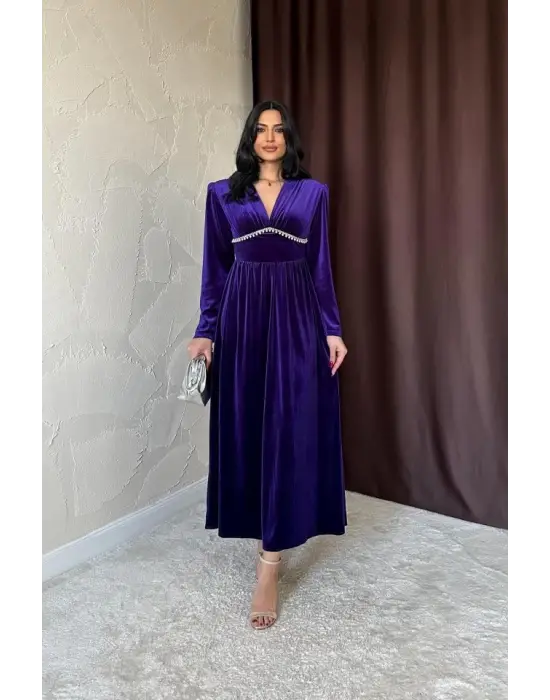 Omarı Taşlı Elbise - Göğüs Altı Detaylı Mor Elbise