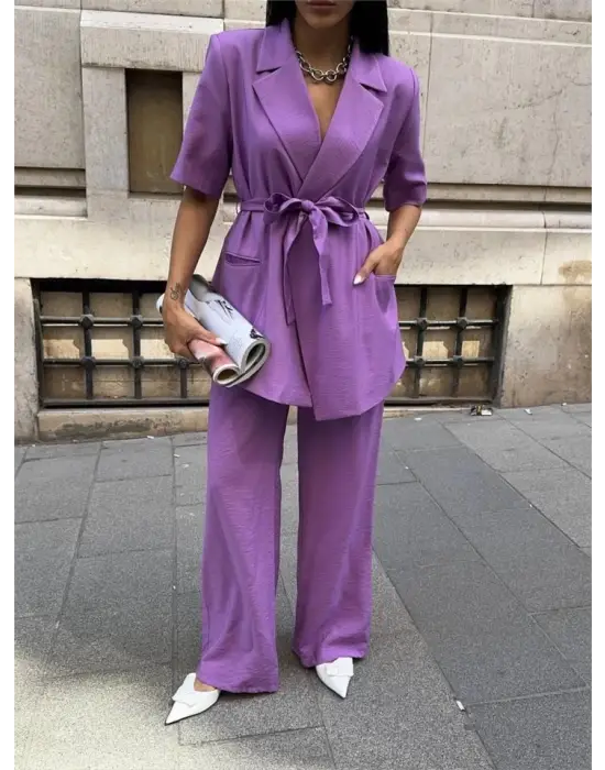 Omarı Zarif Mor Detaylı Ceket-Pantolon Takımı