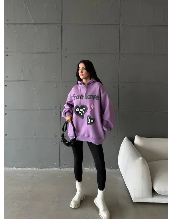 Omarı Oversize True Baskılı Mor Sweatshirt