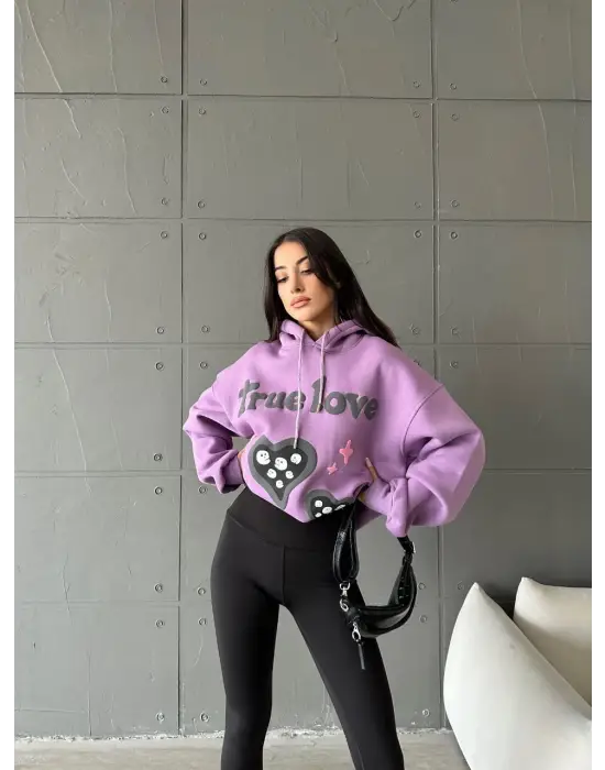Omarı Oversize True Baskılı Mor Sweatshirt