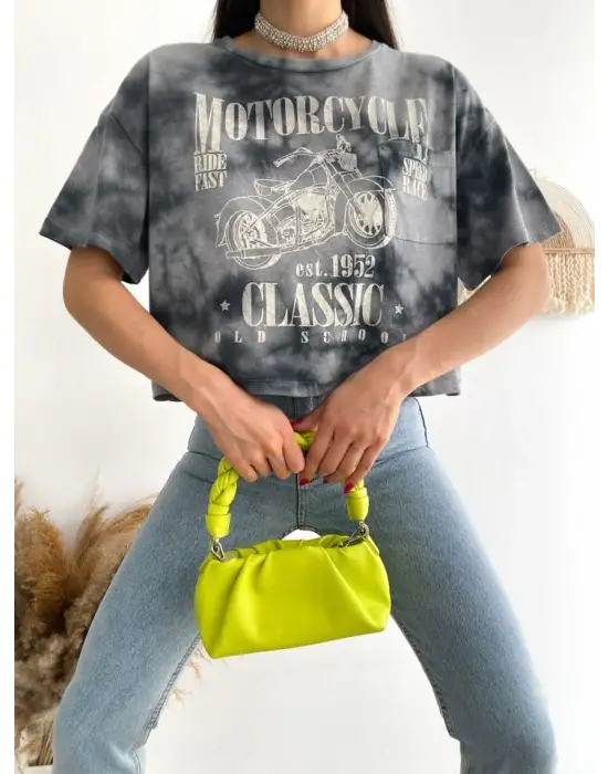 Omarı Motosiklet Desenli Crop Tişört - Gri