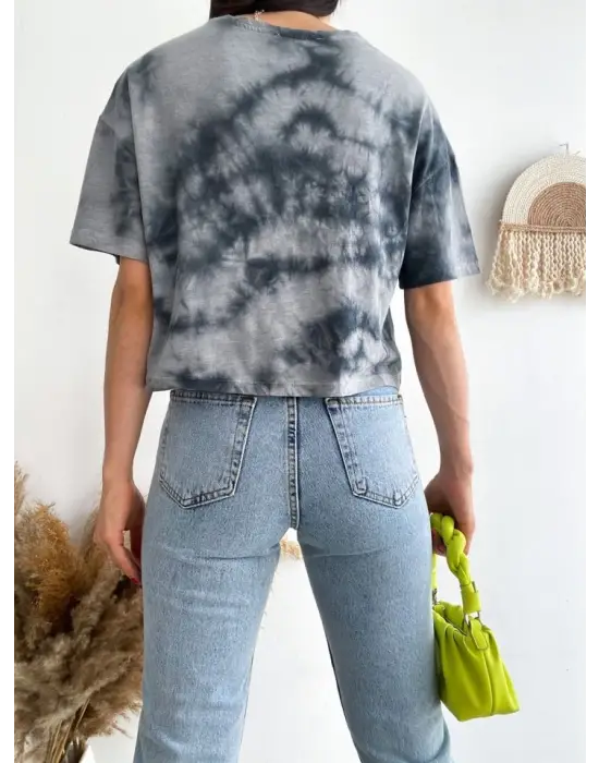 Omarı Motosiklet Desenli Crop Tişört - Gri