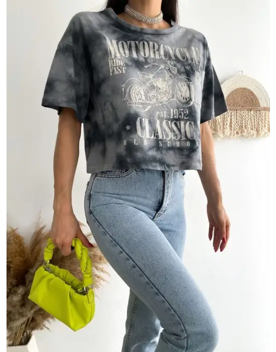 Omarı Motosiklet Desenli Crop Tişört - Gri