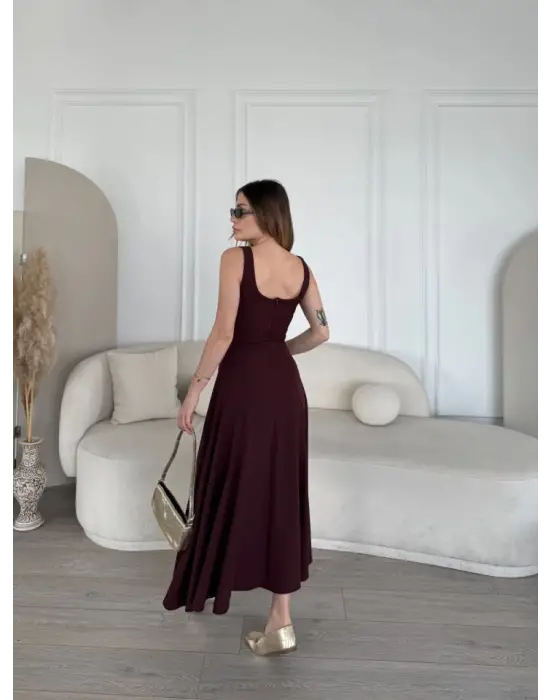 Omarı Şık Sırt Dekolteli Uzun Elbise - Mürdüm