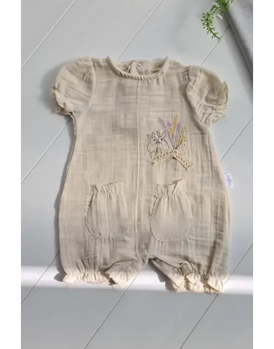 Müslin Kumaş Çiçek Nakışlı Pamuklu Kız Bebek Tulum