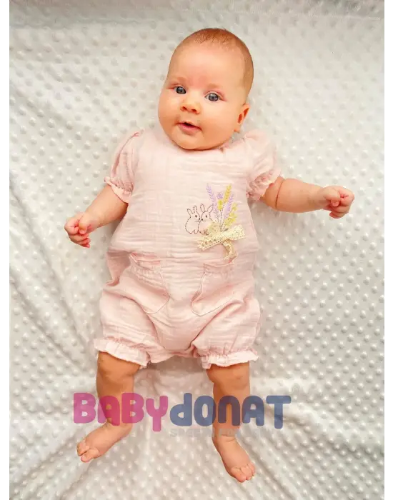 Müslin Kumaş Çiçek Nakışlı Pamuklu Kız Bebek Tulum
