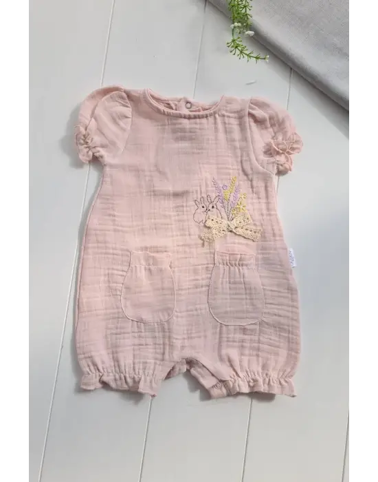 Müslin Kumaş Çiçek Nakışlı Pamuklu Kız Bebek Tulum