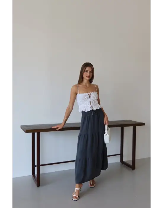 Müslin kumaş keten uzun etek antrasit pt