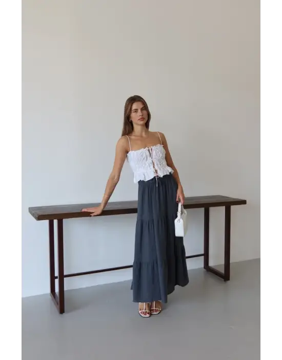 Müslin kumaş keten uzun etek antrasit pt