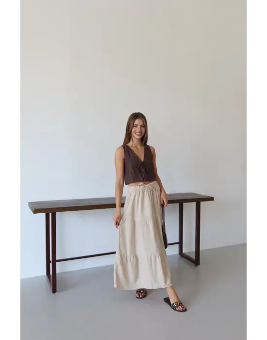 Müslin kumaş keten uzun etek bej pt