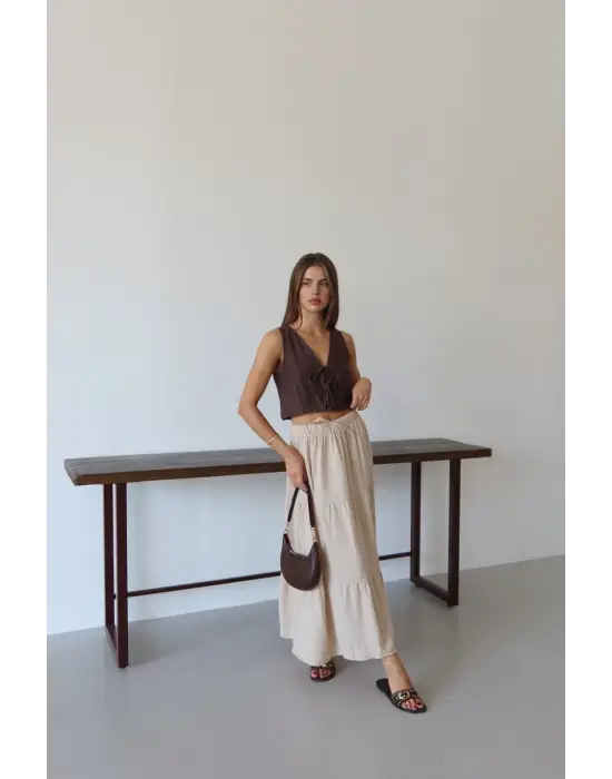 Müslin kumaş keten uzun etek bej pt