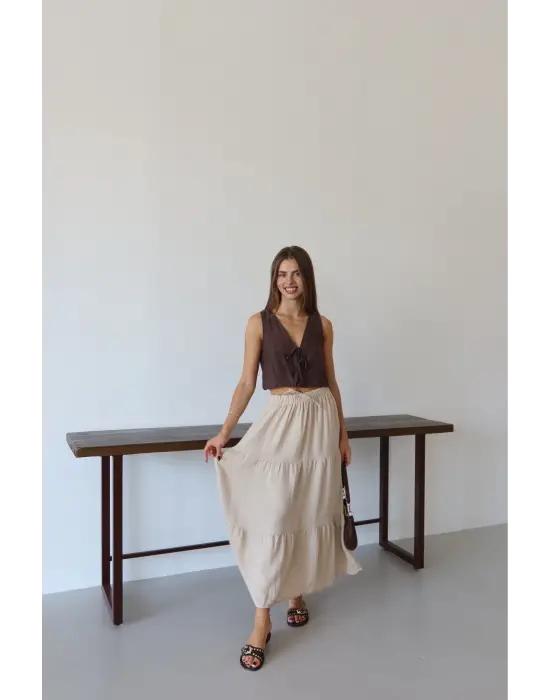 Müslin kumaş keten uzun etek bej pt