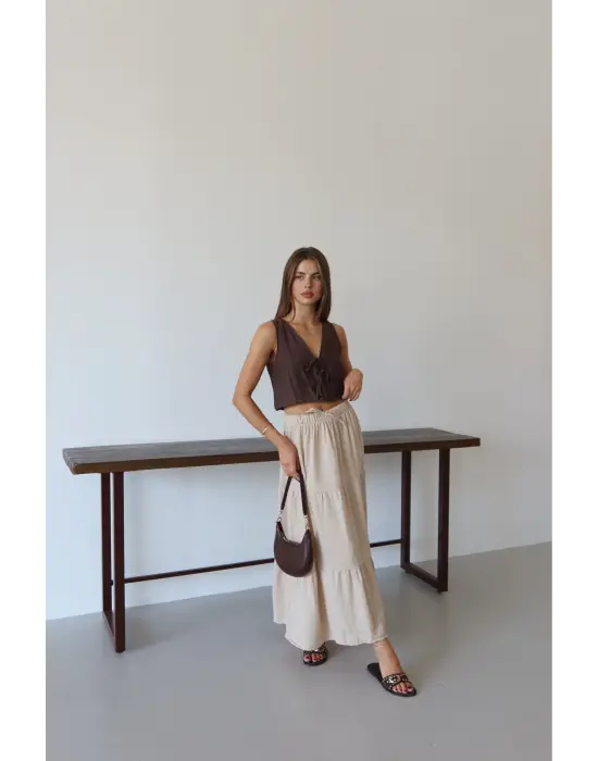 Müslin kumaş keten uzun etek bej pt