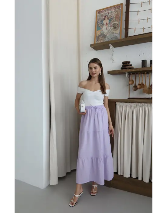 Müslin kumaş keten uzun etek lila pt