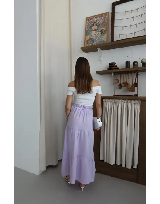 Müslin kumaş keten uzun etek lila pt