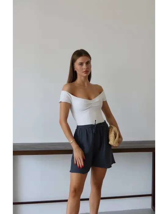 Müslin kumaş şort bağcıklı antrasit pt