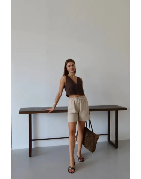 Müslin kumaş şort bağcıklı bej pt