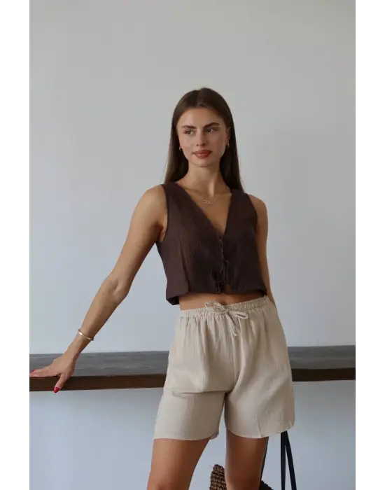 Müslin kumaş şort bağcıklı bej pt