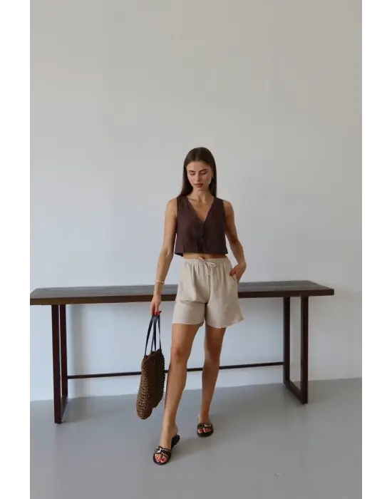 Müslin kumaş şort bağcıklı bej pt