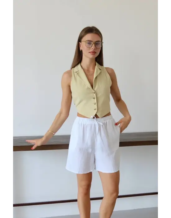 Müslin kumaş şort bağcıklı beyaz pt