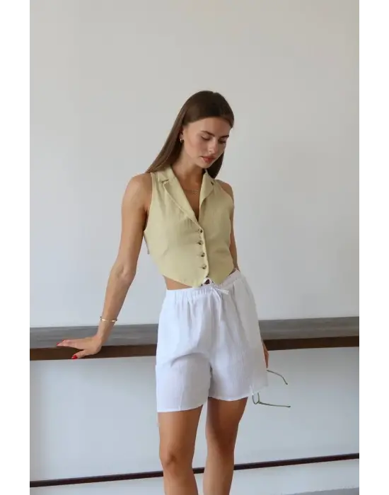 Müslin kumaş şort bağcıklı beyaz pt