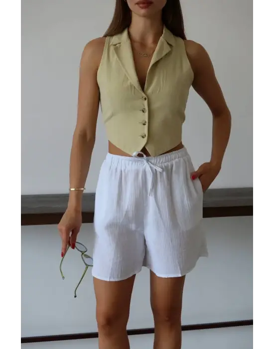 Müslin kumaş şort bağcıklı beyaz pt