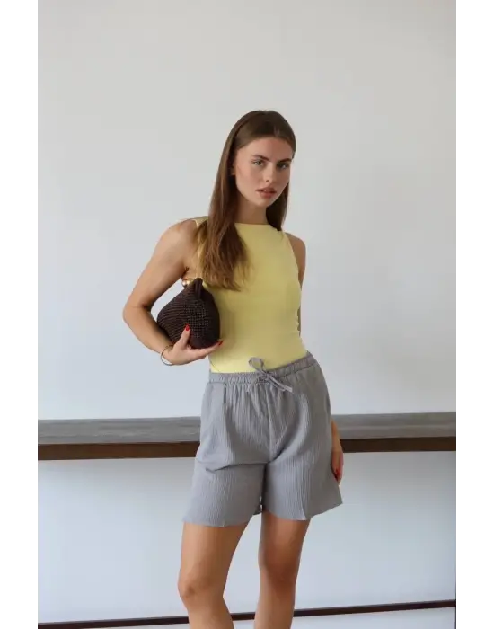 Müslin kumaş şort bağcıklı gri pt