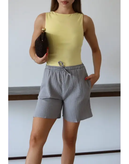 Müslin kumaş şort bağcıklı gri pt