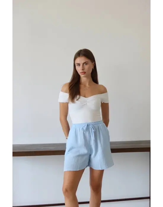 Müslin kumaş şort bağcıklı mavi pt