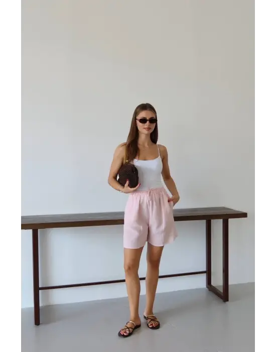 Müslin kumaş şort bağcıklı pembe pt