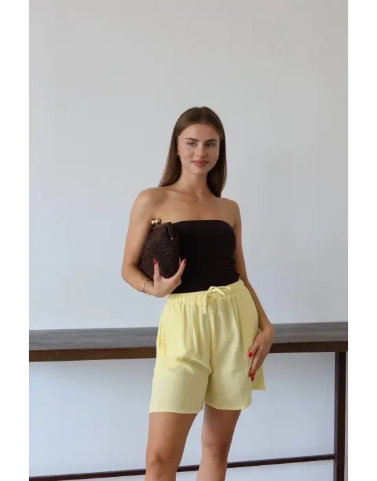 Müslin kumaş şort bağcıklı sarı pt