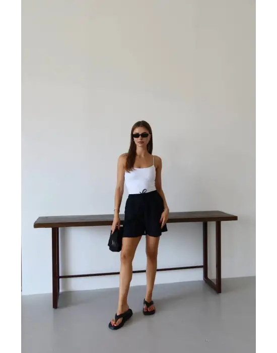Müslin kumaş şort bağcıklı siyah pt