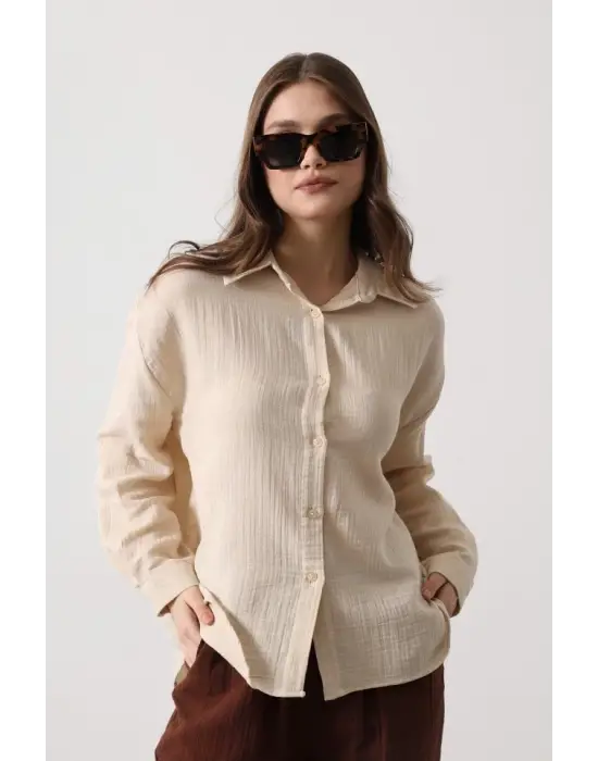 Müslin Uzun Kol Gömlek - Bej
