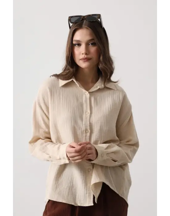 Müslin Uzun Kol Gömlek - Bej