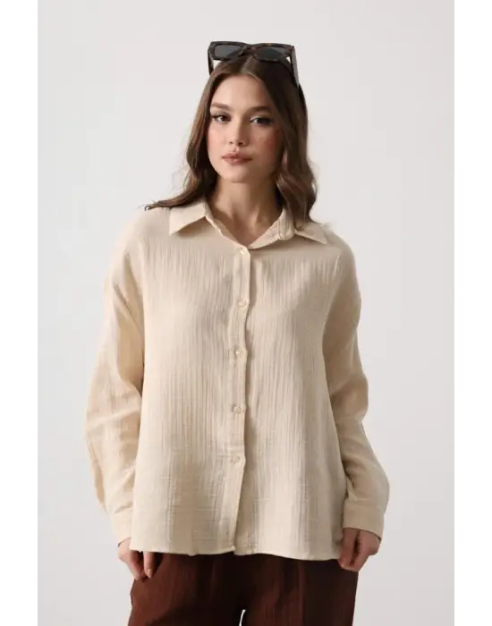 Müslin Uzun Kol Gömlek - Bej