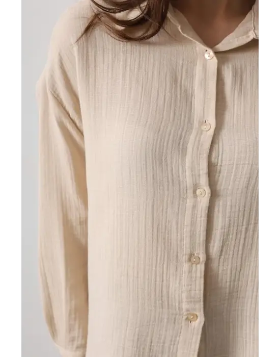 Müslin Uzun Kol Gömlek - Bej
