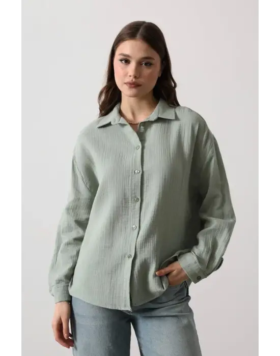 Müslin Uzun Kol Gömlek - Haki