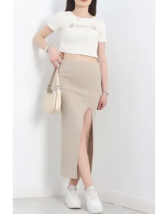 Omarı Nakışlı Etekli Takım Bej Beyaz