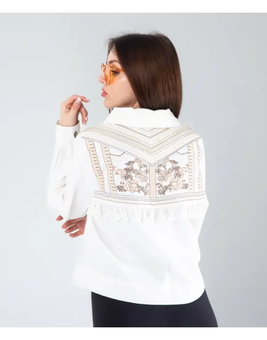 Etnik Desenli Denim Ceket