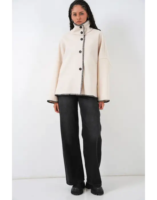 Nakışlı Kaşe Ceket 9167 - Ekru