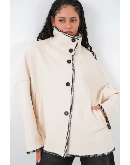 Nakışlı Kaşe Ceket 9167 - Ekru