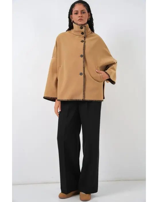 Nakışlı Kaşe Ceket 9167 - Hardal