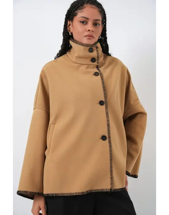 Nakışlı Kaşe Ceket 9167 - Hardal