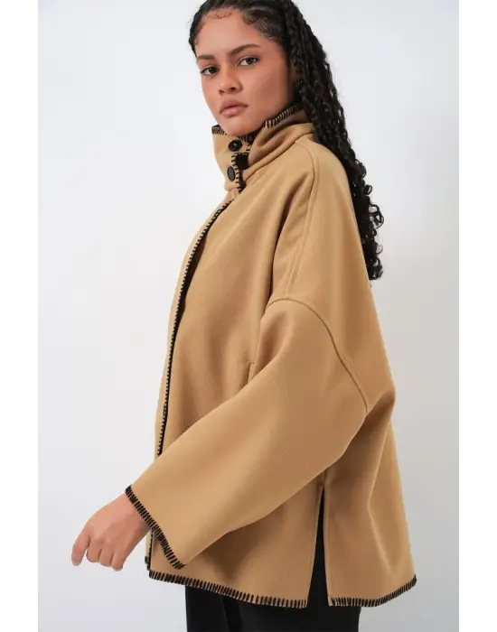 Nakışlı Kaşe Ceket 9167 - Hardal